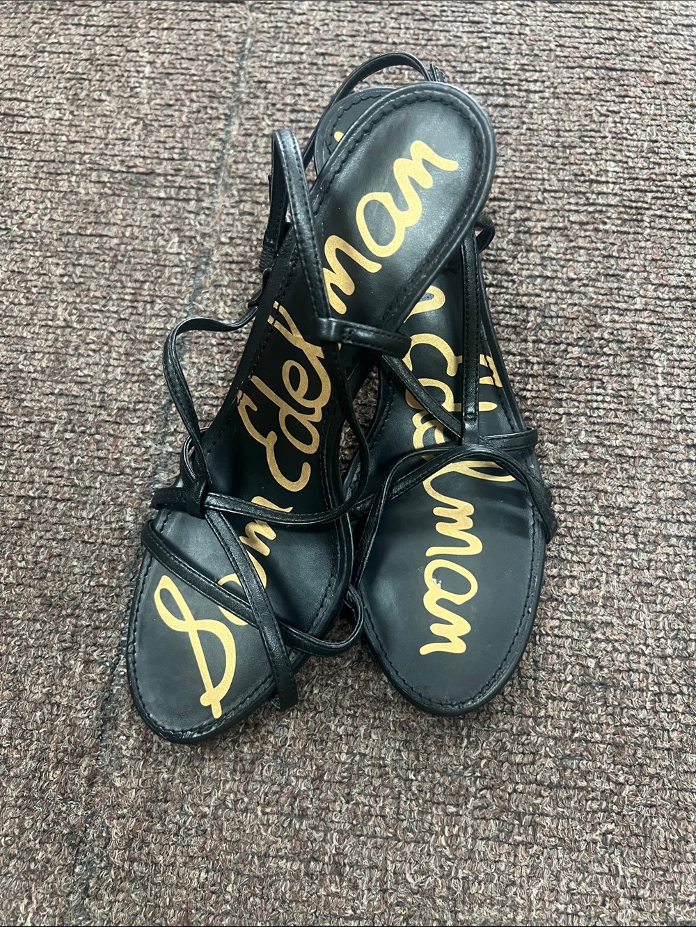 Sam Edelman Black Strappy Leather Sandals with Gold Script Insole